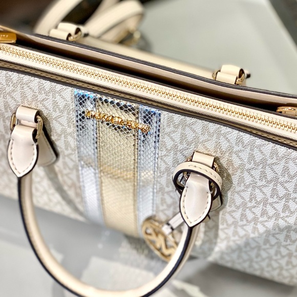 Michael Kors Sheila Medium Signature Logo and Metallic Satchel Crossbody - Picture 12 of 16